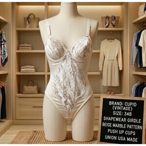 Vintage Cupid Girdle Shapewear 34B Beige Pillow Push Up Removable Pads UNION USA